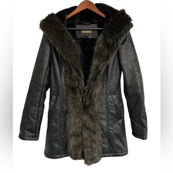 Black Rivet Jackets & Coats Black Rivet Black Vintage Fur And Suede Leather Hooded Coat Y2k